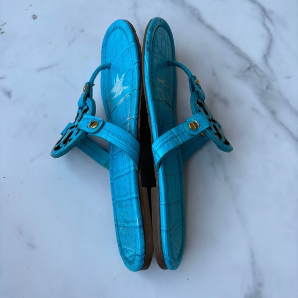 Tory Burch Flip Flops Miller Turquoise Leather Sandals - Picture 4 of 10